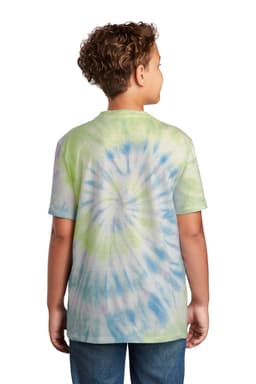 A youth tie-dye tee featuring a spiral pattern in pastel green, blue, and pink colours, shown from the back.