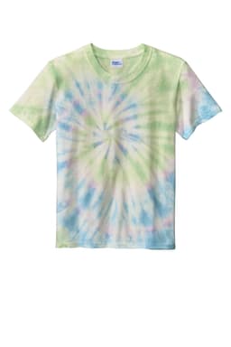 A tie-dye youth T-shirt in pastel shades of green, blue, and pink with a spiral pattern and a logo.