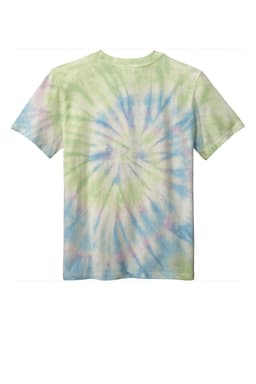 A youth tie-dye tee featuring a spiral design in pastel green, blue, and purple colours. It has a logo on the back.