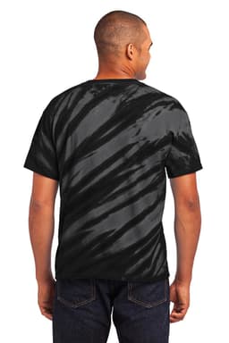 A black and grey tie-dye T-shirt, featuring a swirling tiger stripe pattern, displayed on a model from the back.