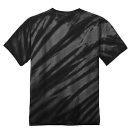 A black tie-dye T-shirt with a tiger stripe pattern, featuring short sleeves and a back view.