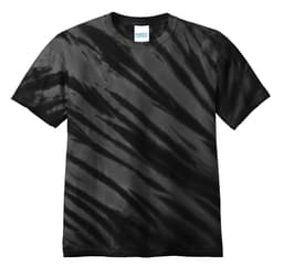 A black tie-dye t-shirt featuring a tiger stripe pattern, with a label in the collar area.