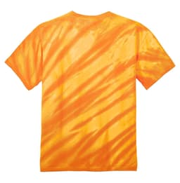 A vibrant orange tie-dye T-shirt featuring a tiger stripe pattern and a logo.