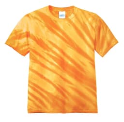 A bright orange tie-dye T-shirt featuring tiger stripe patterns and a label at the neckline.