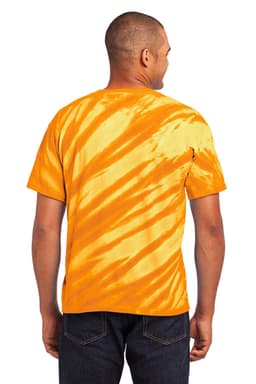 A tie-dye T-shirt featuring vibrant orange hues, with a back view showcasing the tiger stripe pattern.