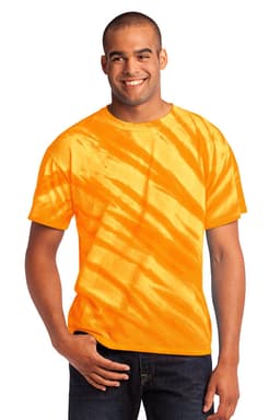 A man wearing a bright orange tie-dye T-shirt with a striped pattern, featuring a logo on the shirt.