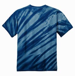 A blue tie-dye T-shirt featuring a tiger stripe pattern and a logo.