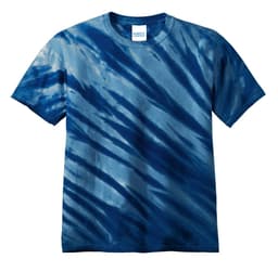 A blue tie-dye T-shirt featuring a tiger stripe pattern and a label.