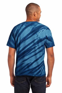 A blue tie-dye t-shirt featuring a tiger stripe pattern, shown from the back on a model.