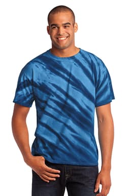 A blue tie-dye T-shirt featuring a tiger stripe pattern, displayed on a male model. It has a logo on it.