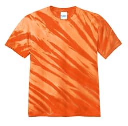 A vibrant orange tie-dye t-shirt with a tiger stripe pattern and a tag inside the collar.