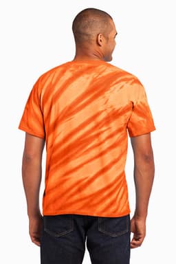 A man wearing an orange tiger stripe tie-dye T-shirt, viewed from the back. The shirt features a logo.
