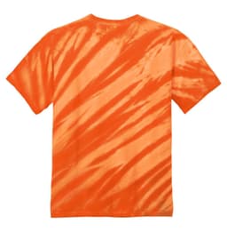 A vibrant orange tie-dye T-shirt featuring bold tiger stripe patterns and a logo on the back.