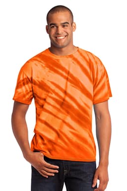 An orange tie-dye T-shirt featuring a tiger stripe pattern, worn by a smiling man. The shirt has a logo.