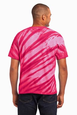 A pink and light pink tie-dye T-shirt with a swirl pattern, featuring the back view of a person.