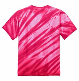 A pink tie-dye T-shirt featuring a vibrant tiger stripe pattern, with a branding logo on the back.