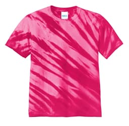 A pink tie-dye T-shirt featuring a tiger stripe pattern and a label on the neckline.