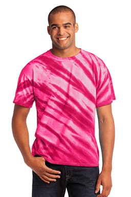 A man is wearing a pink tiger stripe tie-dye T-shirt, featuring vibrant patterns and a relaxed fit.