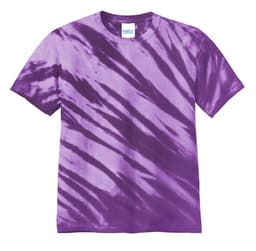 A purple tie-dye T-shirt featuring a tiger stripe pattern. The shirt has a fabric label and a relaxed fit.