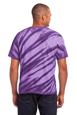 A purple tiger stripe tie-dye t-shirt displayed on a person from the back, featuring a logo.