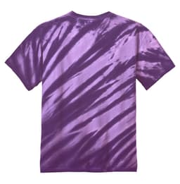 A purple tie-dye T-shirt featuring a tiger stripe pattern, with a simple logo on the back.