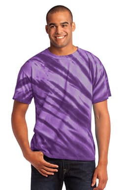 A purple tie-dye t-shirt featuring a tiger stripe pattern, displayed on a model.