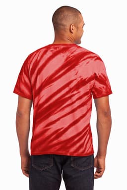 A man wearing a red tiger stripe tie-dye T-shirt, viewed from the back. The shirt features swirling red patterns.