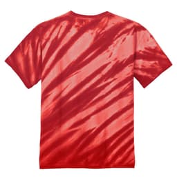 A red tie-dye t-shirt featuring a striking tiger stripe pattern and a logo.