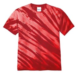 A red tie-dye T-shirt featuring a tiger stripe pattern and a logo on the label.
