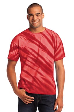 A red tie-dye t-shirt with tiger stripe patterns, worn by a smiling male model. The shirt features a logo.