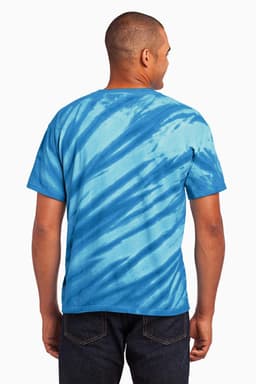 A blue tie-dye t-shirt featuring a tiger stripe pattern, seen from the back, worn by a model.