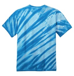 A blue tie-dye T-shirt with stripes, featuring a logo on the back.