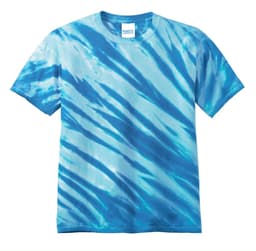 A blue tie-dye t-shirt featuring a tiger stripe pattern and a logo on the label.