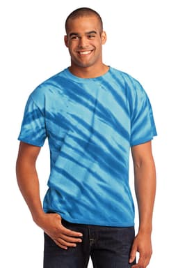 A blue tie-dye T-shirt with a tiger stripe pattern, featuring a model wearing it. The shirt has a logo.