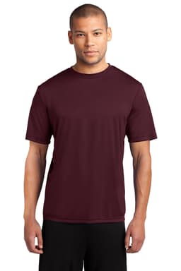 A maroon performance t-shirt with short sleeves, featuring a logo on the front.