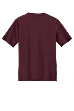 A maroon performance t-shirt featuring short sleeves and a plain back design. The shirt has a logo on it.