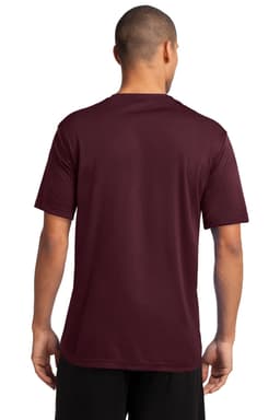 A maroon performance tee with short sleeves and a simple design, featuring a logo on the back.