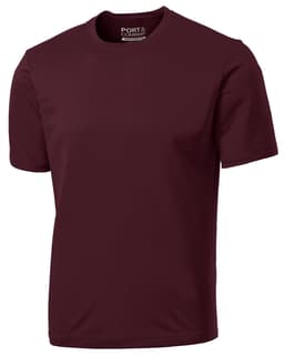 A maroon performance t-shirt with a round neckline and short sleeves, featuring a logo.