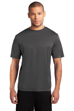 A dark grey performance tee with short sleeves, featuring a logo on the front.