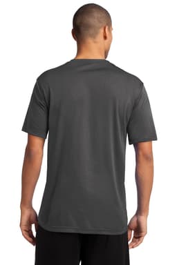 A grey performance t-shirt featuring a simple design and a logo on the back.