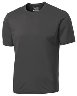 A dark grey Port & Company performance tee with short sleeves and a logo on the neckline.