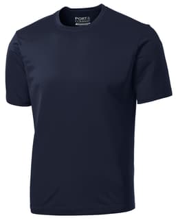 A navy blue performance tee featuring a round neckline and short sleeves, with a logo on the collar.