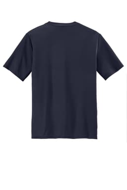 A navy blue performance tee featuring short sleeves and a plain back, with a branding logo displayed.