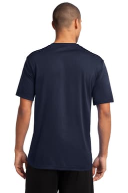A navy performance tee featuring a crew neck and short sleeves, with a logo on the back.