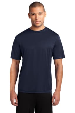 A navy blue performance t-shirt displayed on a model, with a logo on the chest area.