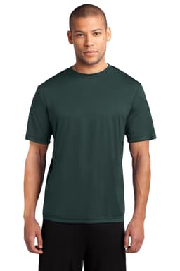 A green performance tee is displayed on a model, featuring a simple design and short sleeves. The shirt has a logo.
