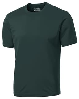 A dark green performance T-shirt made by Port & Company, featuring a simple design and branding on the neckline.