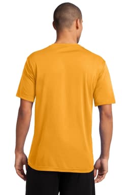 A back view of a man's yellow performance tee shirt with short sleeves and a smooth finish.