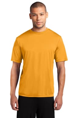 A man is wearing a bright yellow performance t-shirt. The shirt features a logo on the chest area.
