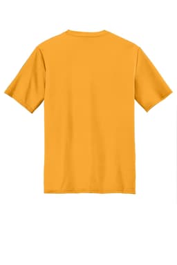 A yellow performance tee with short sleeves, featuring a plain back design and a logo.